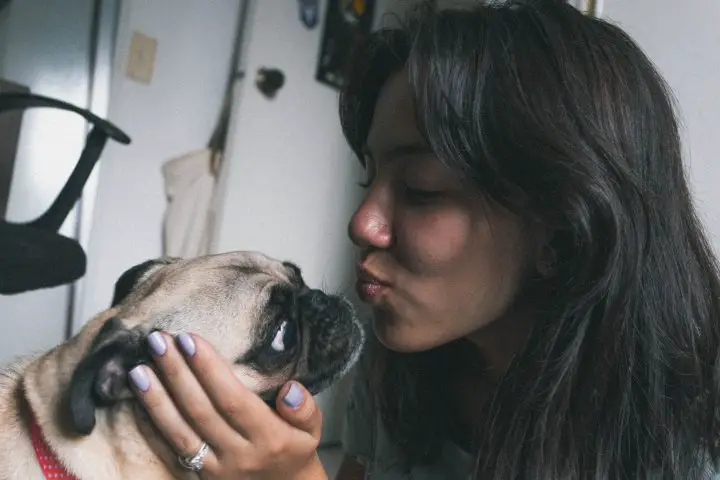mujer a punto de besar a un perro